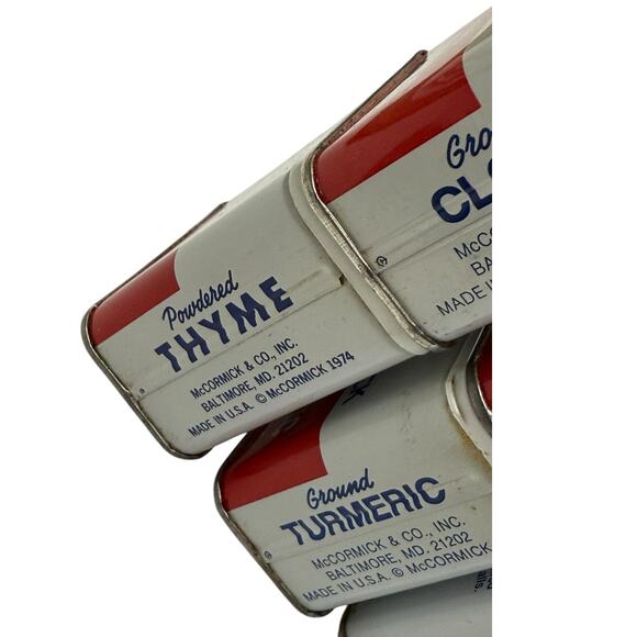 Vintage 1970s McCormick Spice Tins 8 Oregano Turmeric Cloves Allspice Thyme Sage - Picture 10 of 11